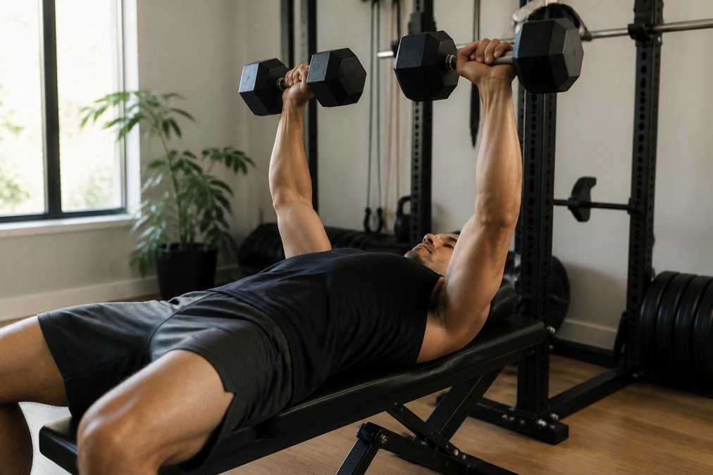 Person performing dumbbell bench press exercise in home gym with proper form, natural window lighting illuminating the space