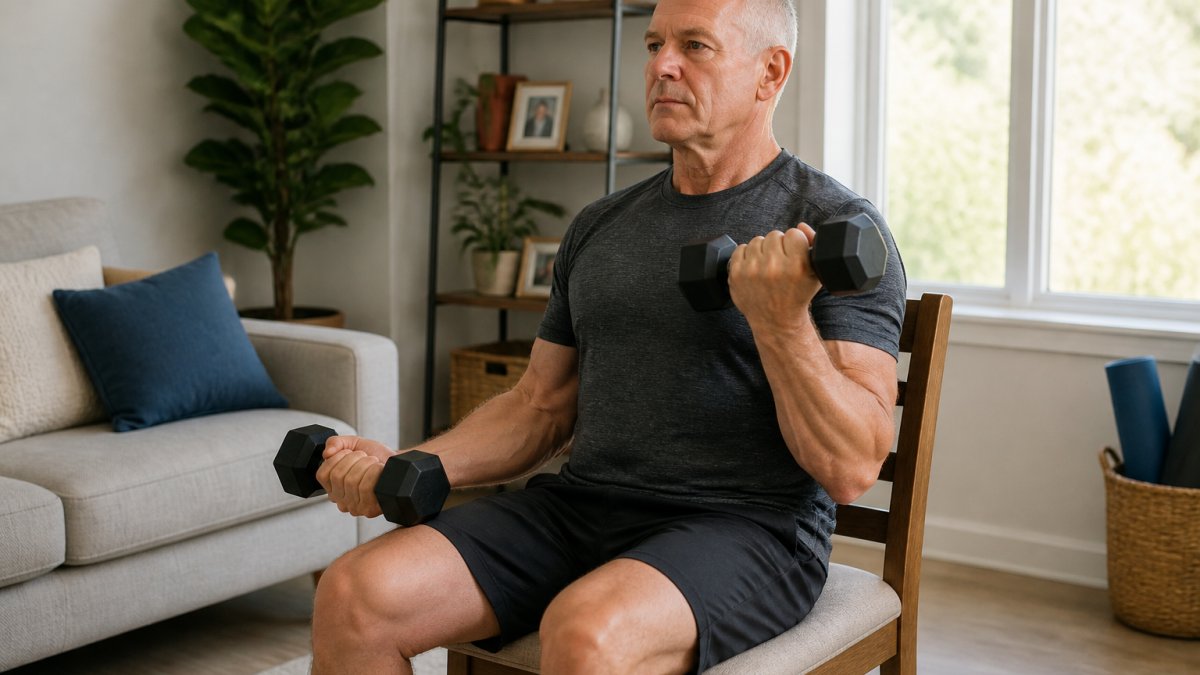 Step-by-step guide illustrating seated bicep curls with dumbbells for seniors to maintain muscle strength.