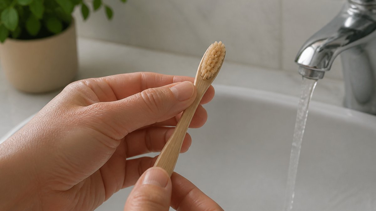 Close-up of hands holding a soft-bristled toothbrush at a 45-degree angle to the gum line, with water and a bathroom sink visible in the background