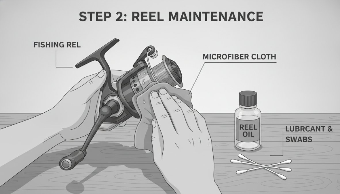 Close-up of hands holding a fishing reel over a workbench, using a microfiber cloth to dry the reel after freshwater rinse, with a small bottle of light machine oil and cotton swabs visible on the bench