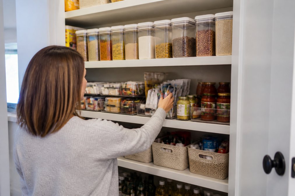 Woman reaching for items from middle shelf of well-organized deep pantry with clear containers arranged in tiered rows, labeled bins visible front and back, natural kitchen lighting