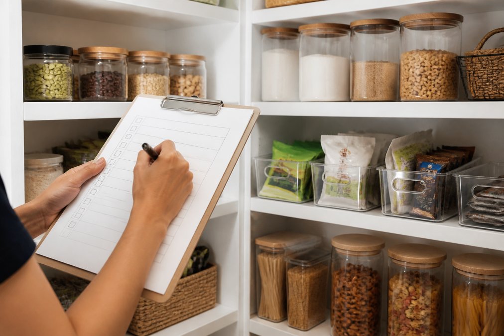 Hands holding clipboard with pantry maintenance checklist, checking labeled containers in background, organized bins and clear canisters visible on shelves
