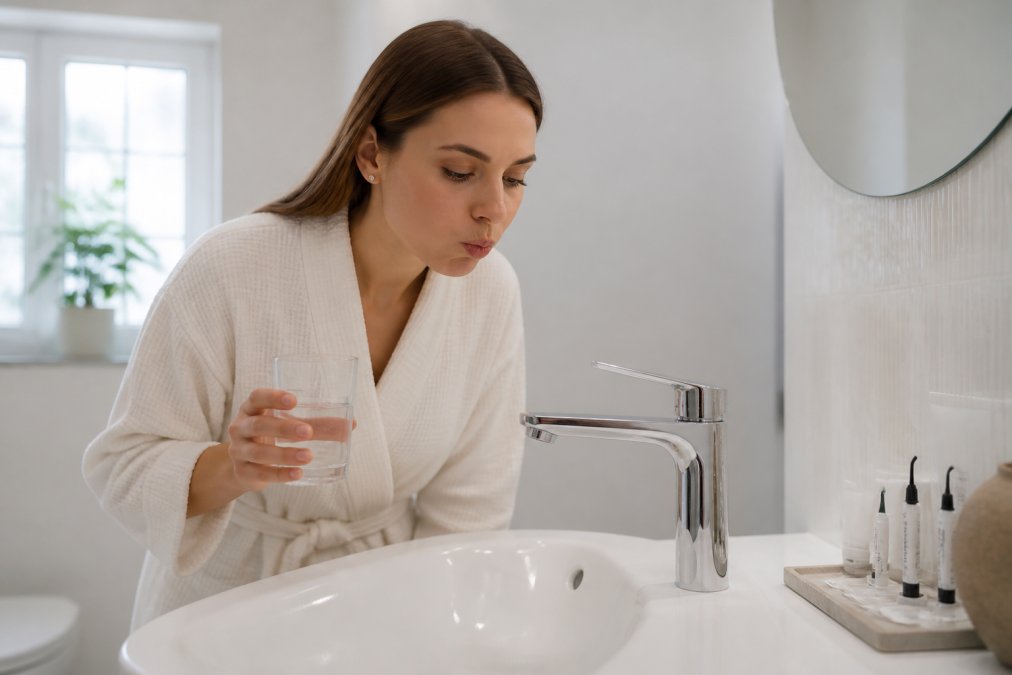 Person carefully rinsing mouth with cool water after dental treatment in bright bathroom with natural morning light, showing gentle post-whitening care
