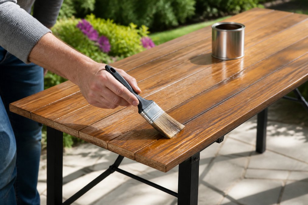 Close-up of someone applying protective wood finish with a brush to outdoor wooden furniture surface, showing the wood grain and application technique in natural daylight