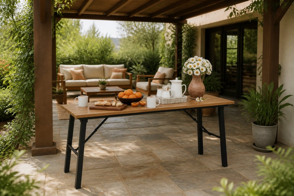 Outdoor wooden patio furniture with cushions positioned under a covered pergola area, showing proper placement with good air circulation and weather protection setup