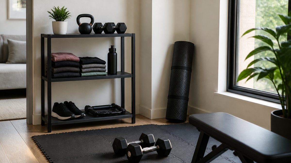Minimalist home gym corner with organized fitness gear and a yoga mat under soft natural light by a window.