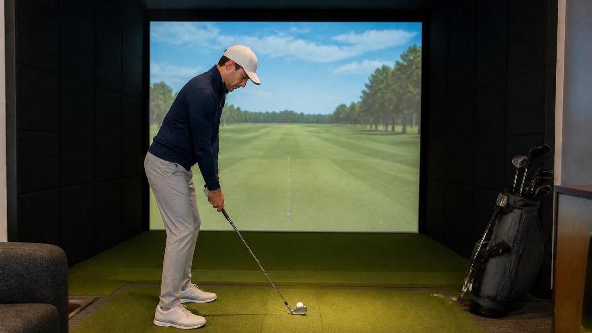 Golfer in climate-controlled indoor bay demonstrating proper grip and posture at address position, with Full Swing simulator screen visible in background showing swing metrics