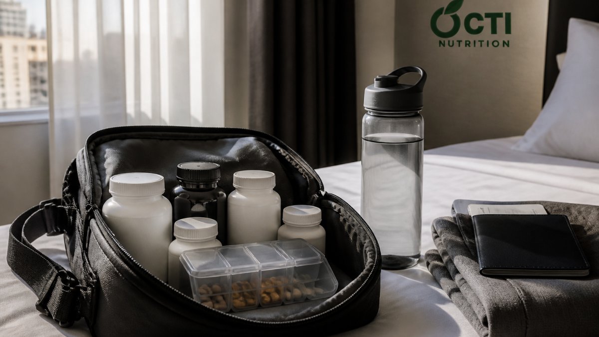 Professional packing a travel bag with supplement bottles, pill organiser, and water bottle on a hotel bed with natural window lighting