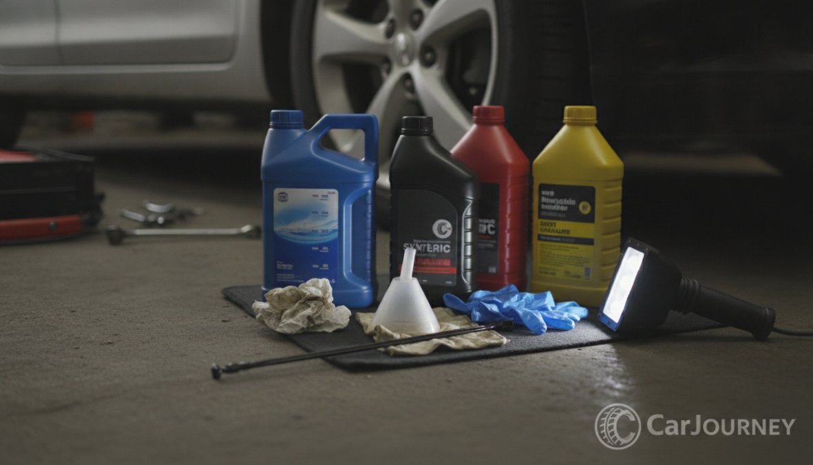 Person checking engine oil level on a dipstick under an open hood with fluid containers and a rag visible nearby in natural daylight