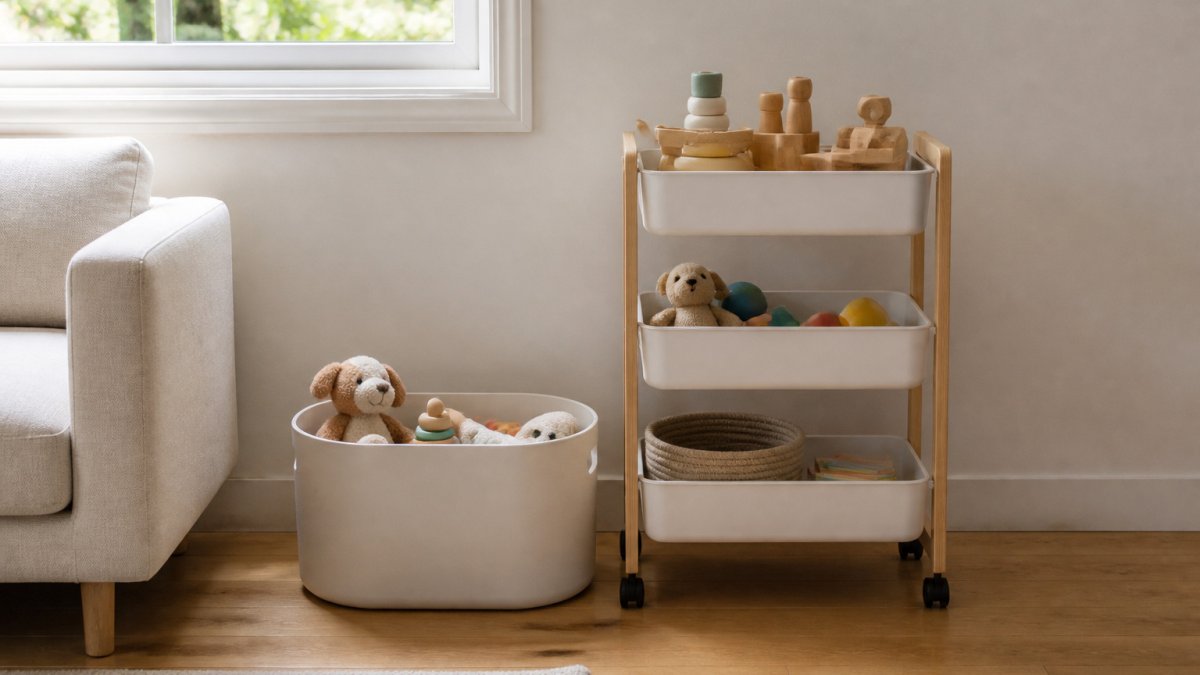 Tidy living room corner featuring a low open toy bin and slim wooden rack filled with neatly sorted toys
