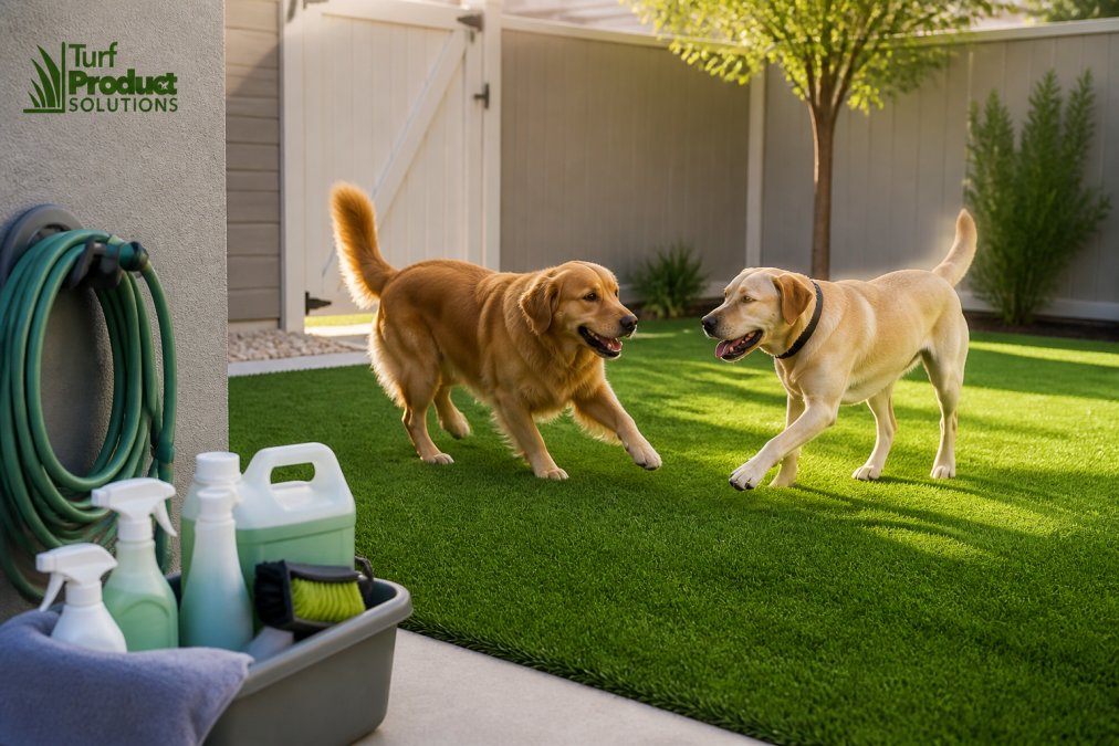 Two large dogs playing on a lush green artificial turf lawn in a fenced backyard, with a hose and cleaning supplies visible near the patio edge, bright afternoon sunlight
