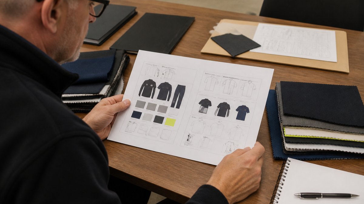 Operations manager reviewing printed brand guidelines with fabric swatches and uniform logo placement examples