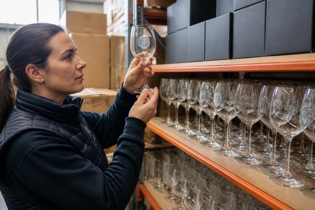 A person in a warehouse inspecting rows of custom etched wine glasses on a shelf, holding one glass up to the light to check the engraving quality, with branded glassware boxes stacked behind