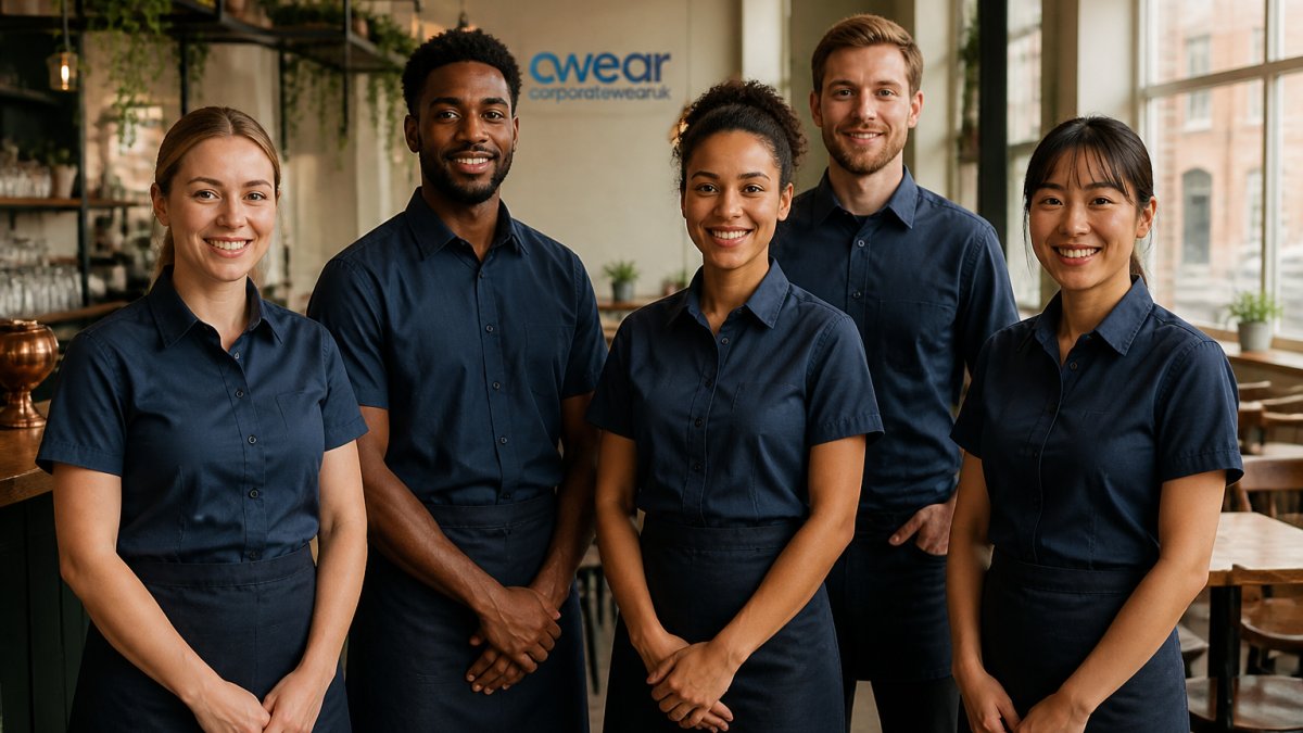 Diverse team of hospitality and retail staff wearing matching branded uniforms with visible embroidered logos, standing confidently together in a professional workplace setting with natural lighting