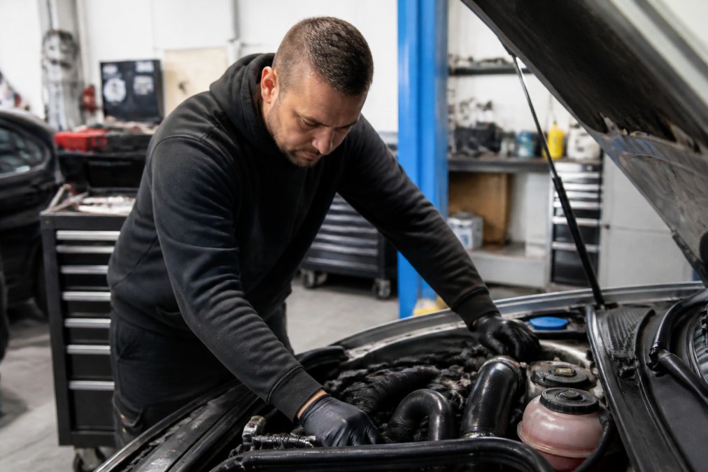 Experienced technician working on a vehicle engine in a well-equipped independent garage workshop, with diagnostic equipment and specialist tools visible on workbenches in the background under bright workshop lighting