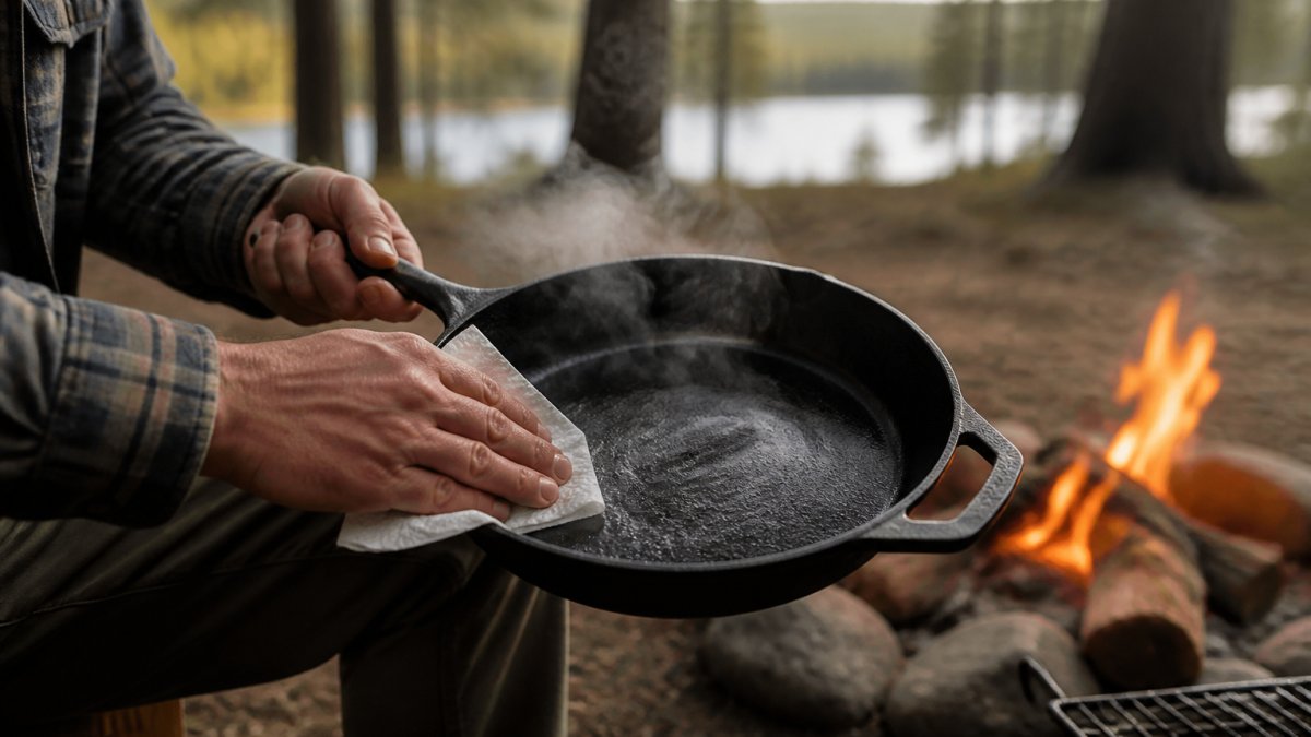 Close-up of hands drying a cast iron skillet with a paper towel next to a campfire, steam rising from the hot metal, outdoor campsite setting with trees in the background