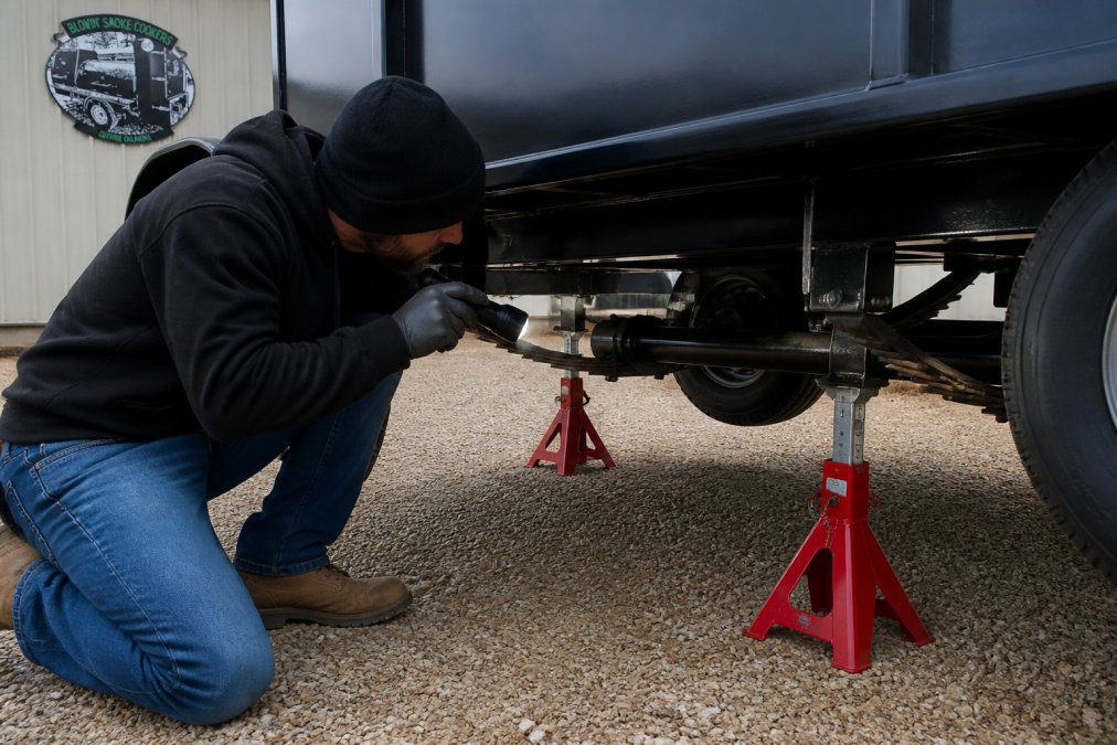 Person using a flashlight to inspect a catering trailer axle and suspension while it sits on jack stands.