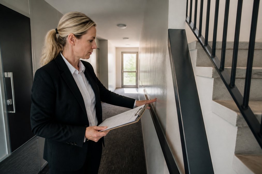 Professional property manager in business attire holding clipboard with cleaning checklist, inspecting a communal apartment hallway with neutral-coloured walls, examining surfaces and high-touch points for dust and debris under natural daylight