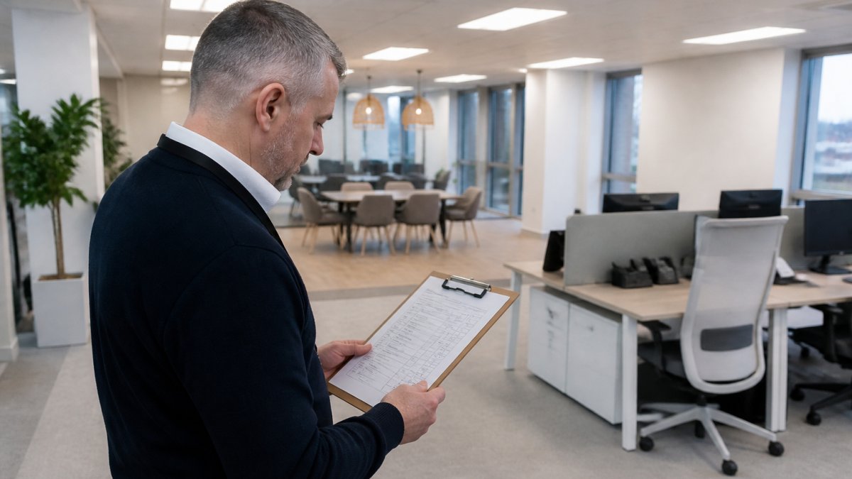 Facilities manager reviewing a printed cleaning checklist while inspecting a bright, modern office workspace with desks and meeting areas visible in background