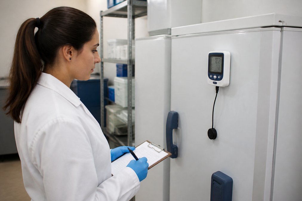 Laboratory technician checking temperature data logger display mounted on freezer unit while reviewing cold storage monitoring system in research facility