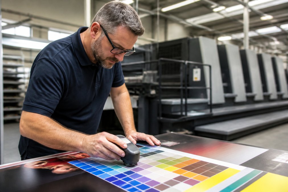 A print technician holding a handheld spectrophotometer against a printed color swatch on a production floor, with a large commercial press visible in the background under bright work lights