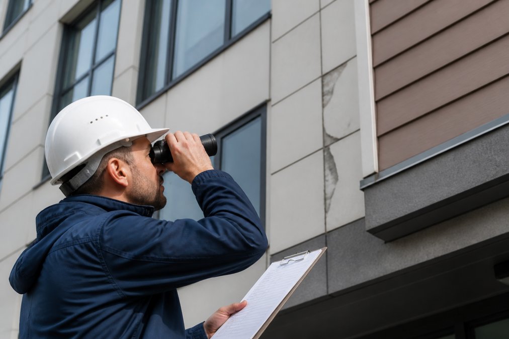 Commercial building exterior inspector using binoculars and clipboard to examine siding damage, checking caulking seams and water intrusion signs on a multi-story facade