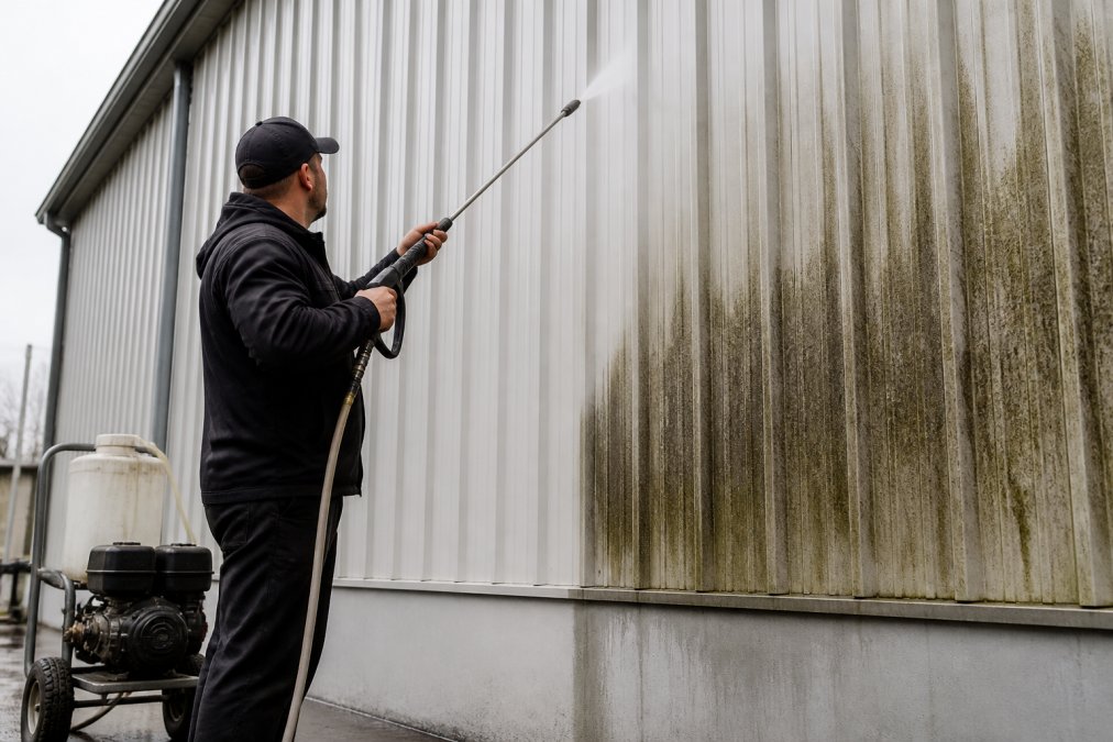 Professional contractor performing soft washing on commercial siding with specialized equipment, demonstrating mildew and algae removal technique on exterior cladding