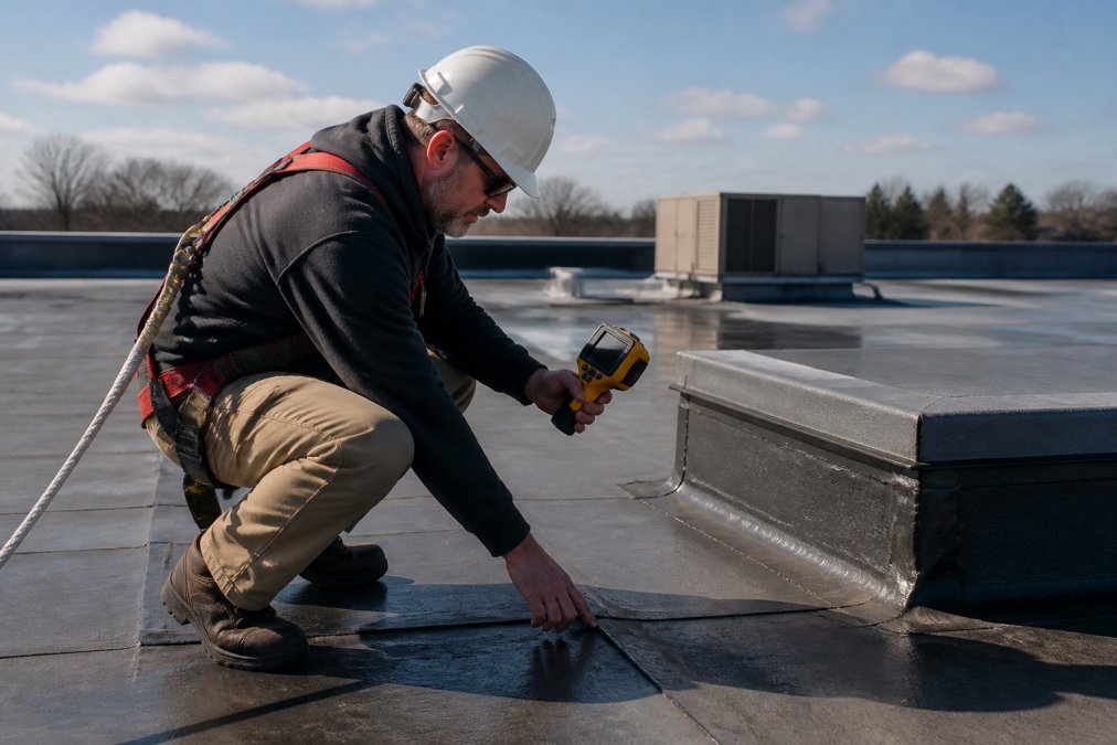 Commercial roofing professional in safety harness performing visual inspection of flat roof membrane, checking seams and flashing with thermal imaging equipment under bright daylight