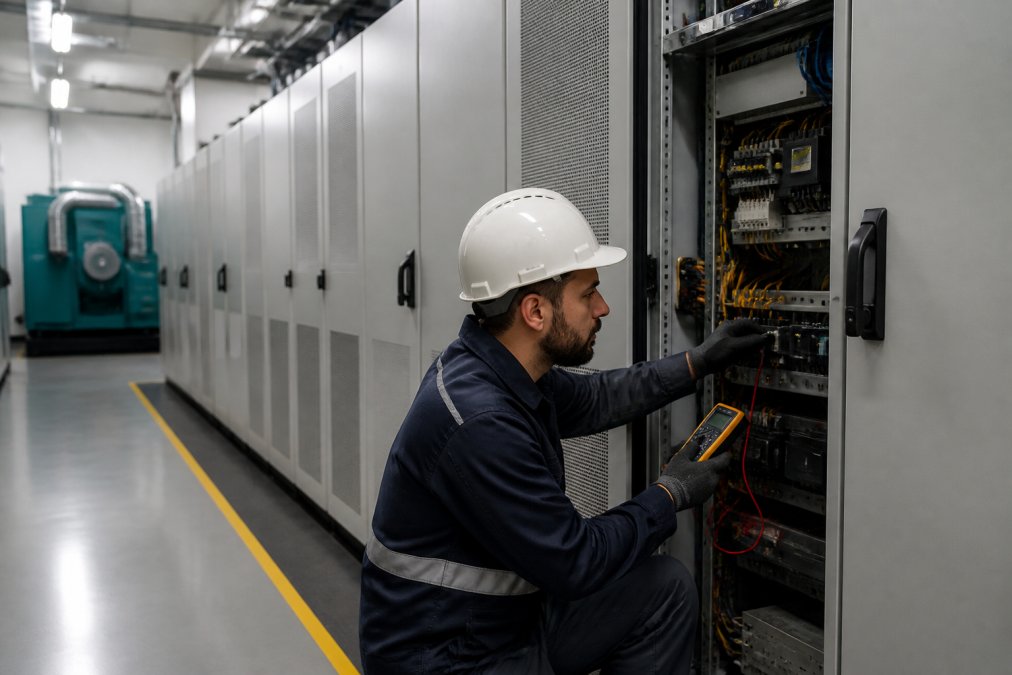 Technician inspecting critical power systems in a hospital UPS room