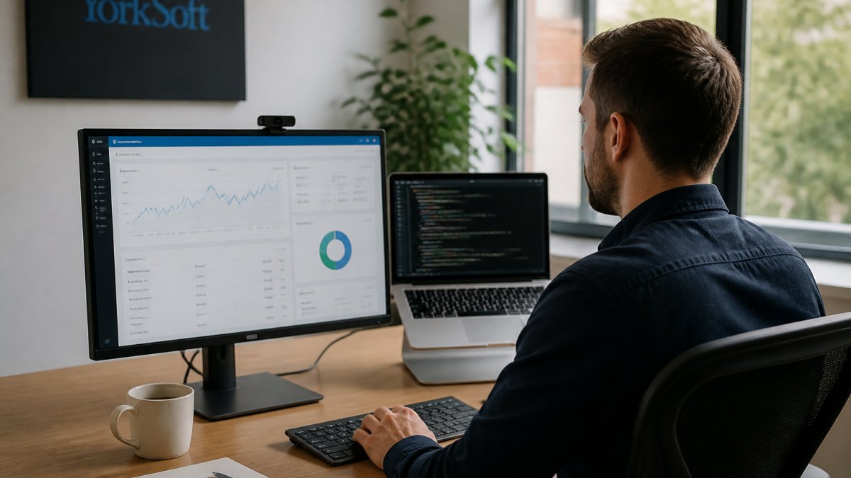 A web developer at a desk reviewing website analytics on a large monitor in a bright office, with code visible on a second screen