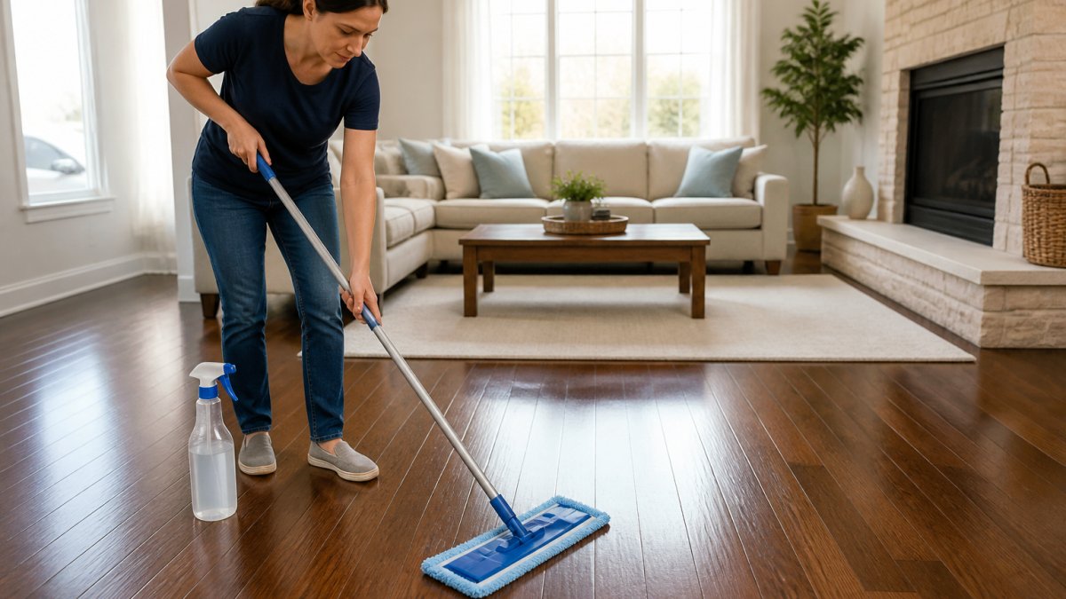 A homeowner using a microfiber mop on a satin-finished hardwood floor in a bright living room, with a spray bottle of pH-neutral cleaner nearby