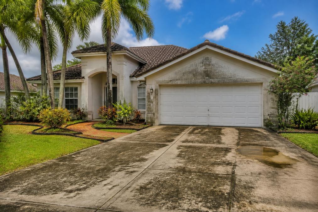 Wide shot of a Florida home exterior with visible dark algae stains creeping up the driveway and across the roofline, lush palm trees framing the scene under a bright blue sky