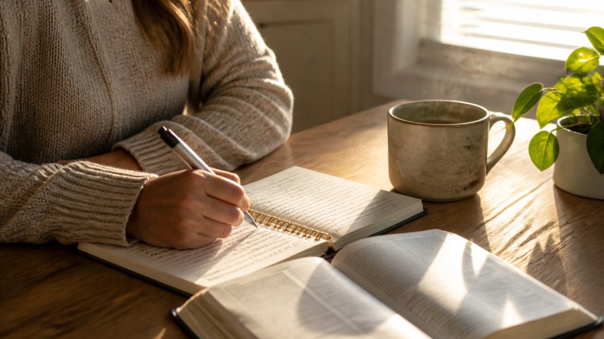 Mother sitting peacefully with a journal and coffee in the soft morning light during quiet time
