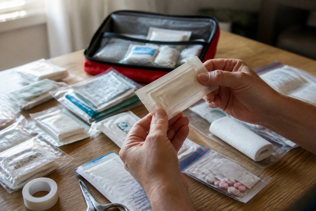 A person's hands sorting through a first aid kit spread across a wooden table, checking expiration dates printed on individual packets and bandage wrappers under natural window light