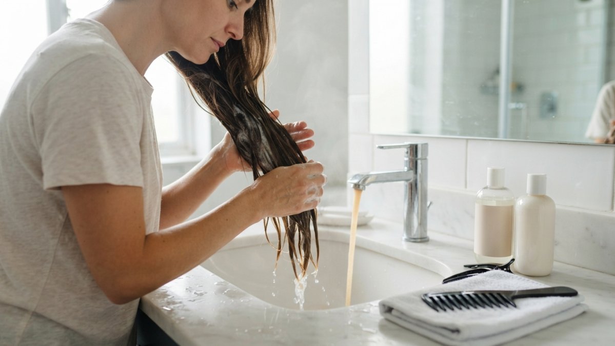 Close-up of a woman in a bright bathroom gently washing her long hair extensions with sulphate-free shampoo, water running over the lengths, soft natural light