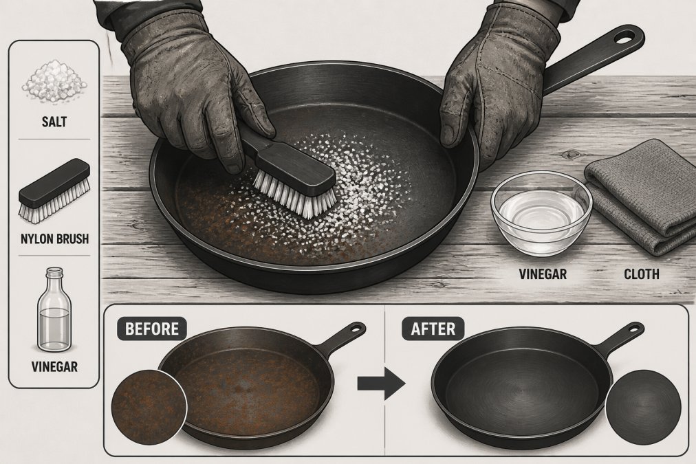 Hands in worn work gloves scrubbing a rust-spotted carbon steel pan with coarse salt and a stiff nylon brush on a weathered outdoor wooden table, a small glass bowl of white vinegar and a folded cloth nearby, soft natural daylight