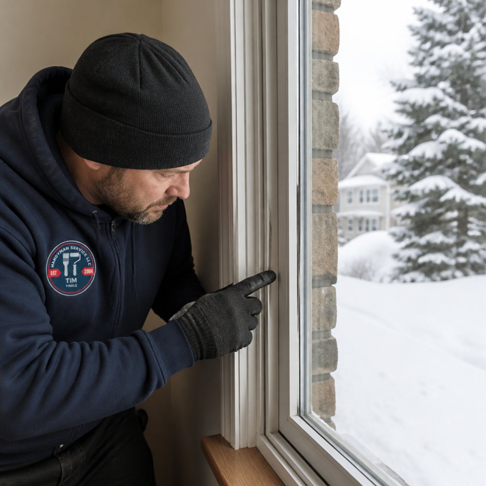 Professional inspecting door frames while maintaining home exterior seals in extreme climates in a bright room.
