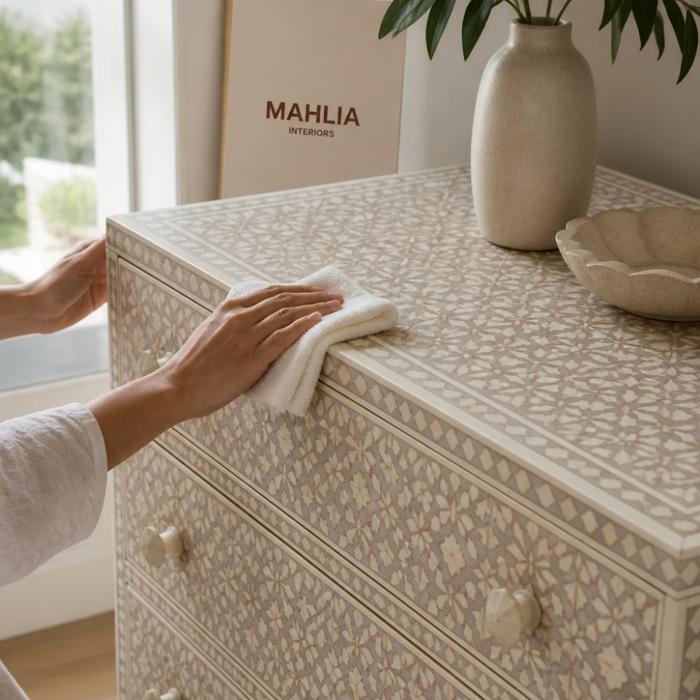 Close-up of hands using a soft dry cloth to gently dust the decorative surface of a bone inlay chest of drawers in a bright room