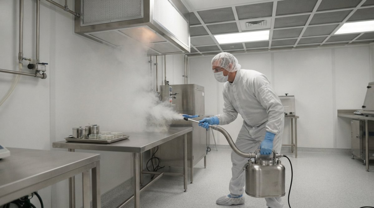Technician performing a smoke study in a cleanroom environment, releasing visible aerosol near ceiling-mounted HEPA filter to observe laminar airflow patterns moving downward toward floor-level return air grilles, with clear visualization of air movement in bright laboratory lighting