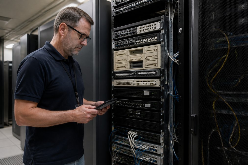 IT professional monitoring hardware while maintaining legacy systems in cloud environments