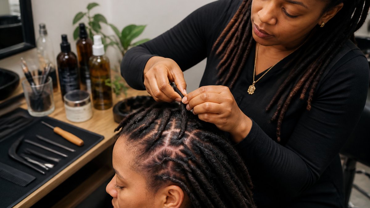 Loctician performing a precise palm rolling retwist on a client's locs in a studio setting