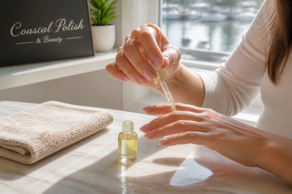 Step-by-step guide on applying cuticle oil to improve daily nail health at a bright vanity table