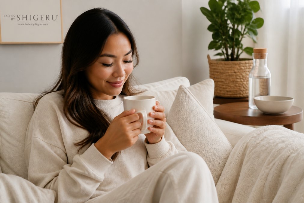 Woman relaxing at home in comfortable clothing, carefully avoiding touching her eyes and staying away from water sources, demonstrating mindful aftercare with a calm, focused expression