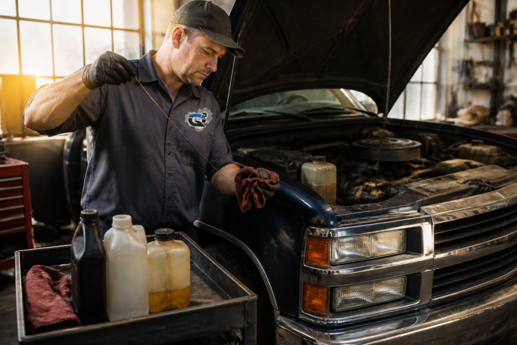 Mechanic checking engine oil level with dipstick on older truck engine, inspecting fluid condition and reservoir, warm natural lighting from shop window