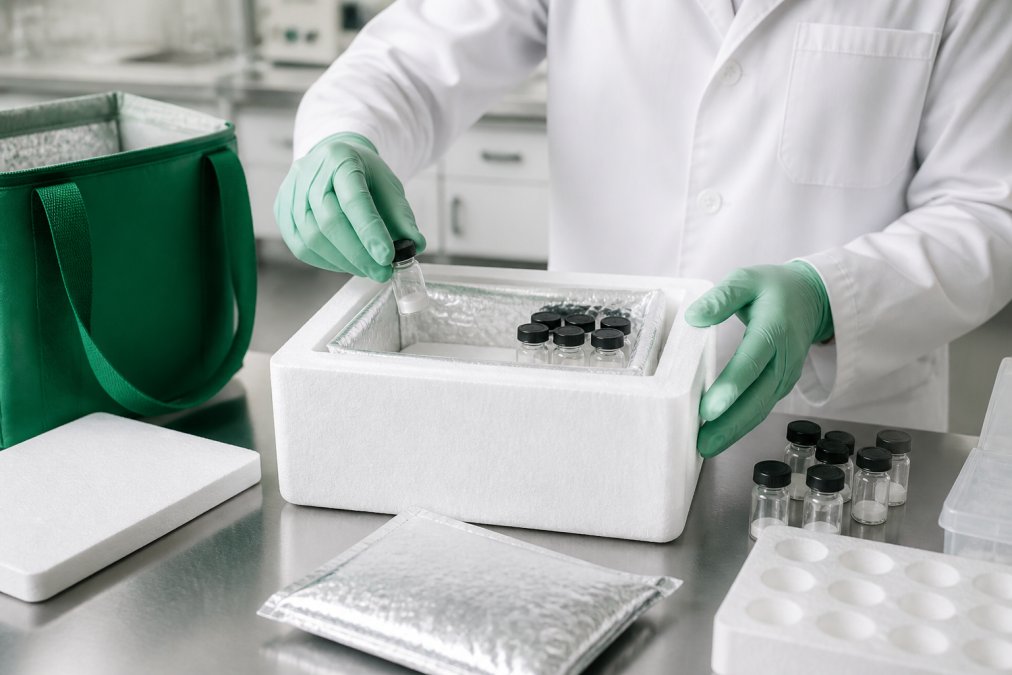A laboratory technician in gloves and a white coat packing small labelled vials into an insulated shipping box with coolant packs on a stainless steel bench