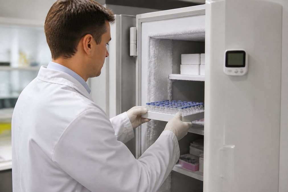 Researcher placing lyophilized peptide vials into a freezer to ensure peptide stability during storage.