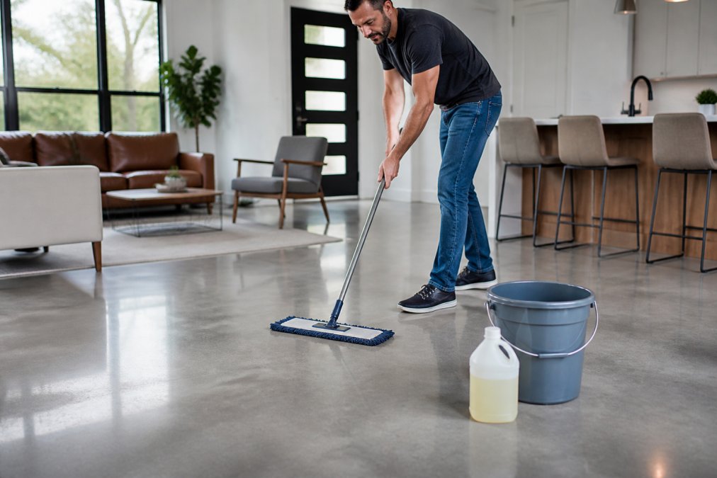 A person cleaning a polished concrete floor with a microfiber mop and pH-neutral cleaner in a bright living room.