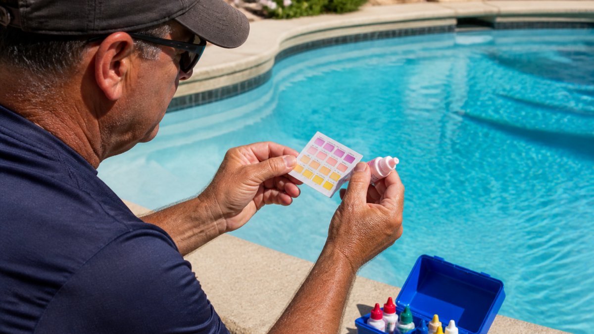 Homeowner testing pool water with color-matching test kit reagent bottle on sunny poolside, holding test strips against white comparison card in bright afternoon light
