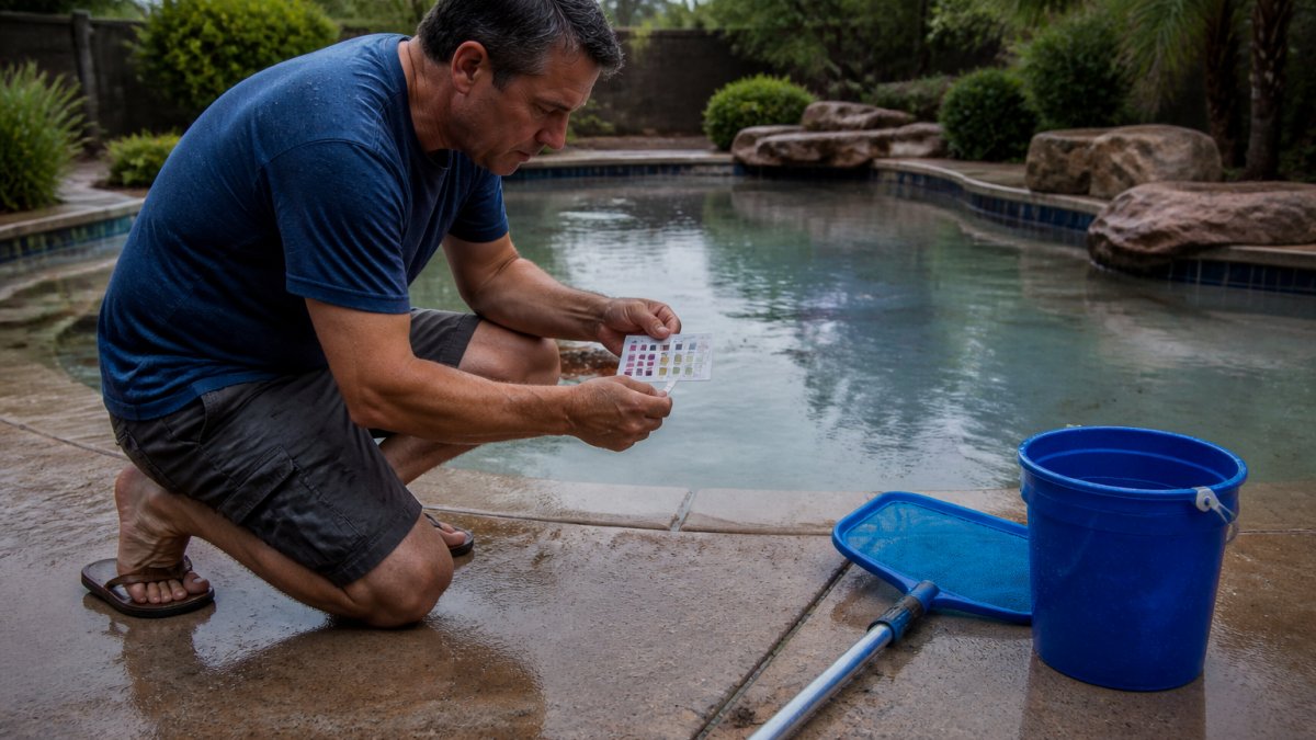 A homeowner kneeling at the edge of a backyard pool holding a test kit strip against a color chart, with a skimmer net and bucket nearby on wet concrete after a storm