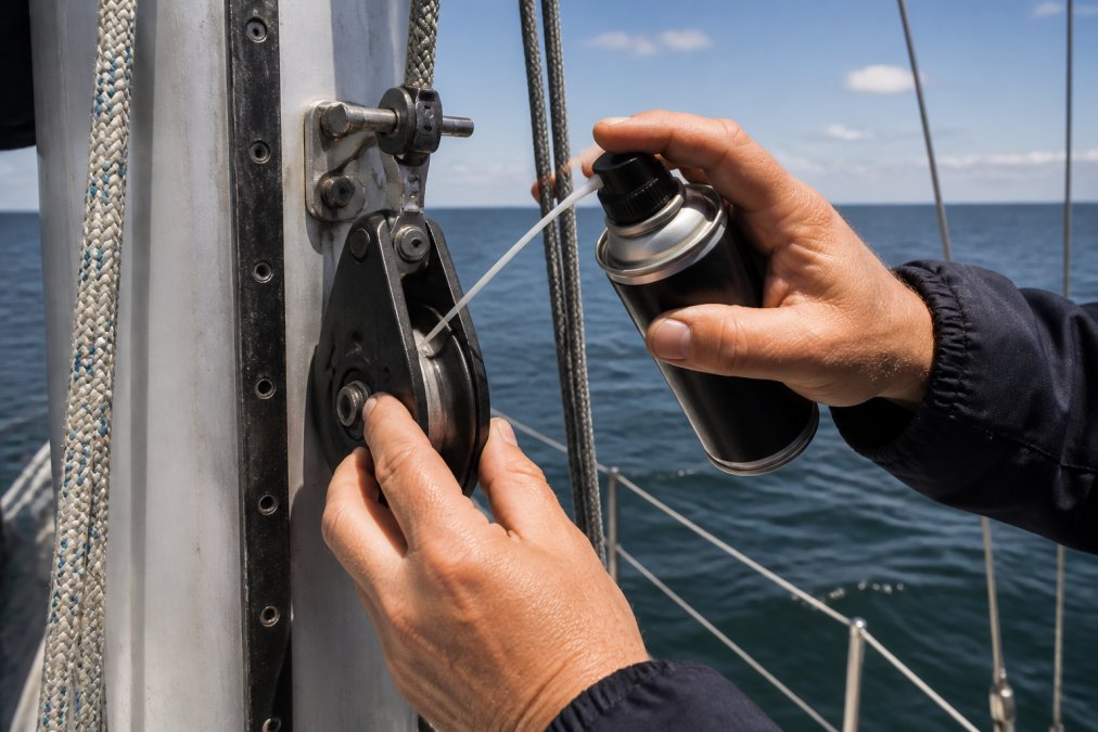 A sailor's hands applying dry film lubricant with a spray applicator to a sheave block mounted on the mast, with the boat's rigging system and ocean visible in the background